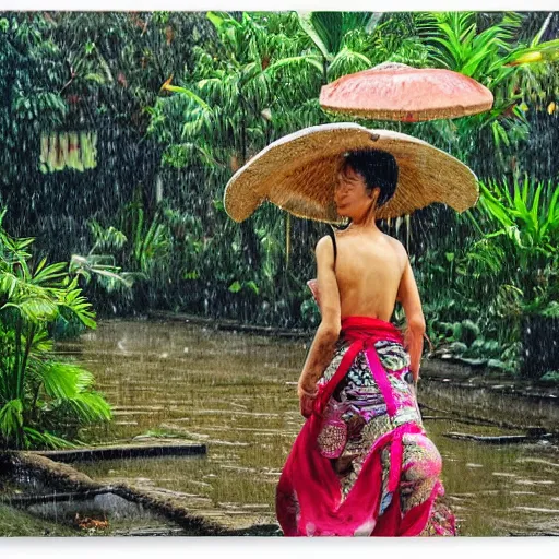 Prompt: monsoon on tropical island, oriental woman, ornate, beautiful, atmosphere, vibe, mist, coconuts, rain, wet, pristine, puddles, melting, dripping, snow, creek, lush, ice, bridge, forest, roses, flowers, by francis bacon