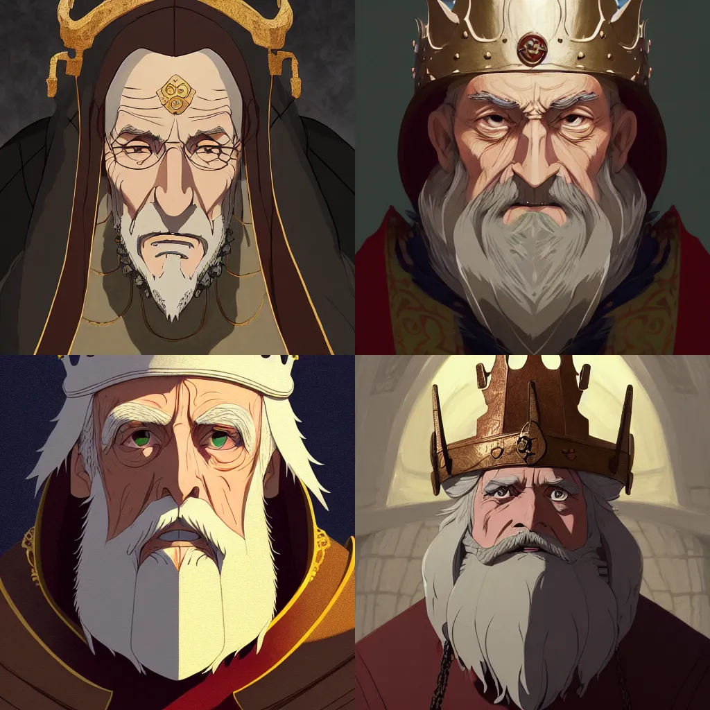 Prompt: portrait of a medieval old king, artstation, elegant cartoon, highly detailed, digital painting, concept art, smooth, sharp focus, illustration, art by studio ghibli, makoto shinkai, don bluth, fujita goro, jean giraud, atey ghailan, akihiko yoshida, tom whalen 8 k