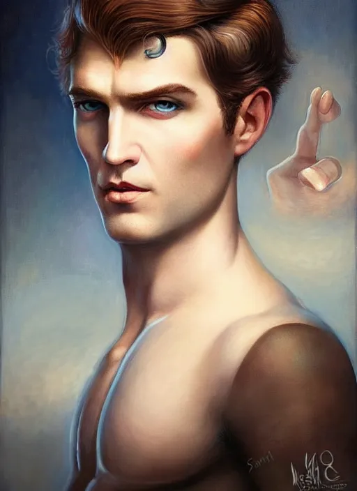 Image similar to a sociopathic portrait of a pockmarked man with beautiful blue eyes and short brown hair, art by manuel sanjulian and tom bagshaw