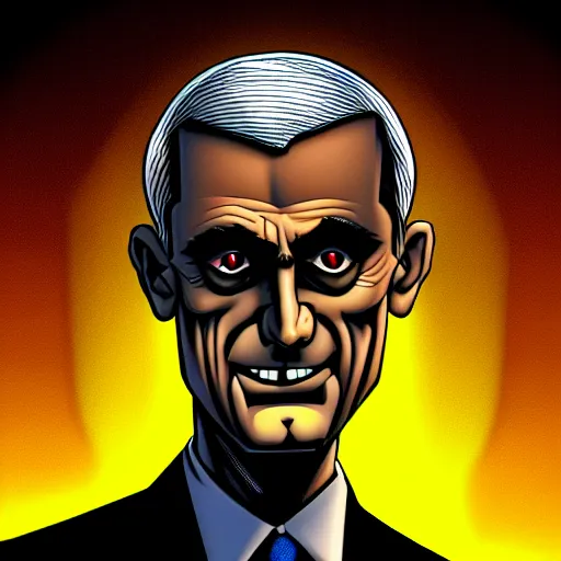 Image similar to solid glowing eyes, digital portrait of secretary of denis mcdonough face with solid glowing eyes, cover art of graphic novel, evil laugh, menacing, Machiavellian puppetmaster, villain, simple style, solid colors, clean lines, clean ink, trending on artstation