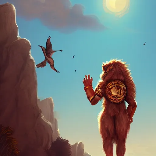 Prompt: a lion furry seen from his back wearing a paladin armor waving his right hand, a seagull flying in the sky, set during a journey on a caravel, digital art, trending on Artstation