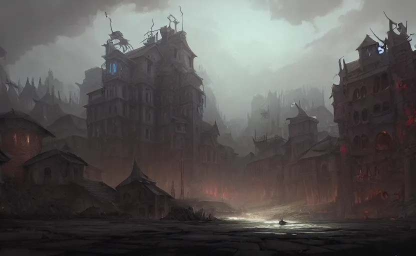 Prompt: epic concept art depicted an ancient cursed town | | art by jakub rebelka and tyler edlin | | dramatic mood, overcast mood, dark fantasy environment | | trending on artstation, unreal engine, hyperreal movie shot