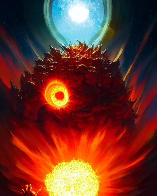 Prompt: dragon hatching inside a supernova solar flare, sun molten lava explosion, fantasy character portrait, ultra realistic, anime key visual, full body concept art, intricate details, highly detailed by greg rutkowski, ilya kuvshinov, gaston bussiere, craig mullins, simon bisley