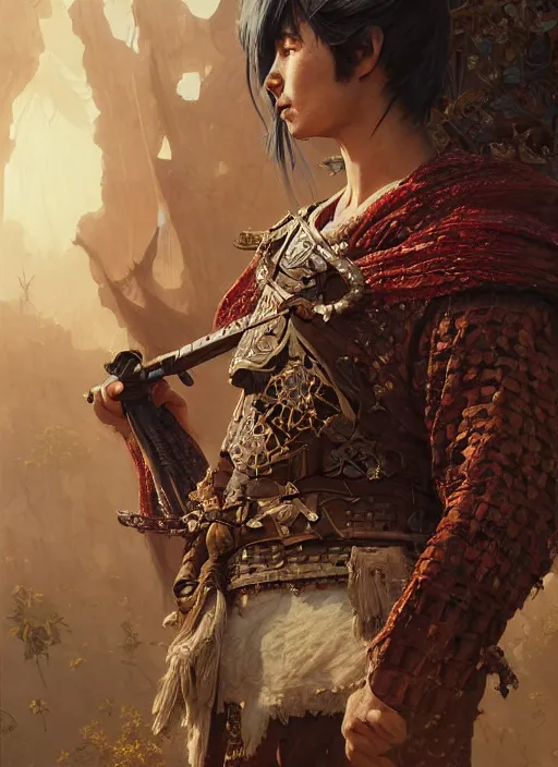 Image similar to Highly detailed portrait of Kurdish samurai, Stephen Bliss, unreal engine, fantasy art by Greg Rutkowski, Loish, Rhads, ferdinand knab, Makoto Shinkai and Lois van baarle, ilya kuvshinov, rossdraws, Tom Bagshaw, alphonse mucha, global illumination, radiant light, detailed and intricate environment