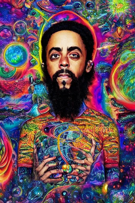 Image similar to a high hyper detailed painting with many complex textures of damian marley making music in the cosmos, cosmic surreal psychedelic magic realism spiritual ufo art