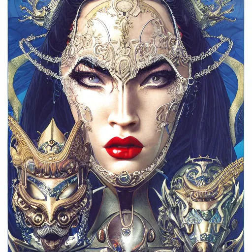 Prompt: portrait of megan fox wearing venetian mask, symmetrical, by yoichi hatakenaka, masamune shirow, moebius and dan mumford, ayami kojima, takato yamamoto, barclay shaw, karol bak, yukito kishiro