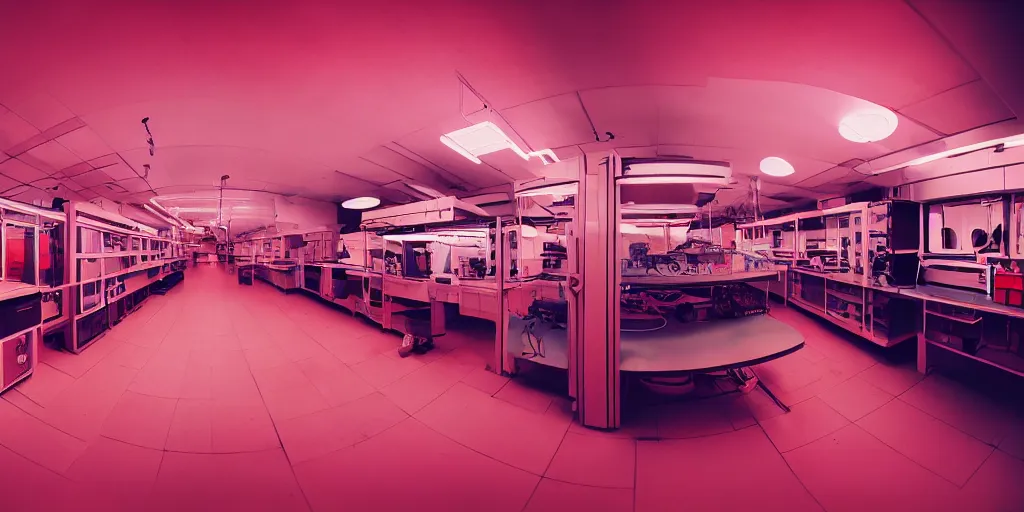 Prompt: noisy color photograph of a retrofuturist liminal space, laboratory, red lights, minimalist, cinematic, fish eye lens, soft vintage glow