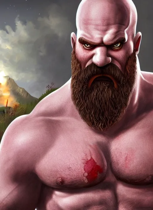 Image similar to painted white Homer Simpson depicted as Kratos God of War, high detailed official artwork