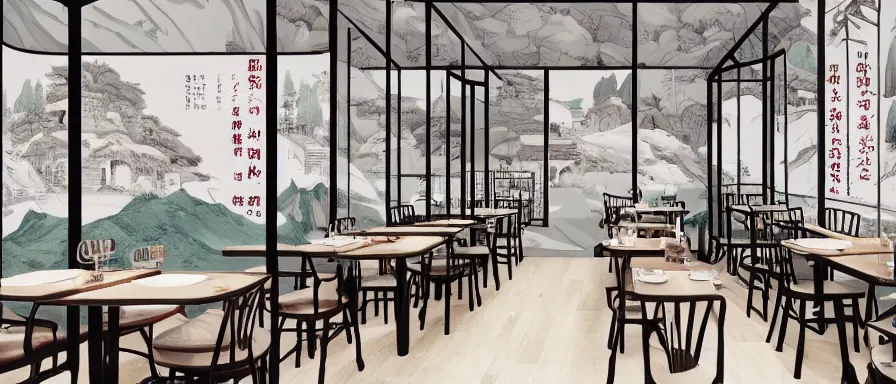 Image similar to a beautiful interior view illustration of a small roasted string hotpot restaurant in yan'an city, restaurant wall paper is a tower on a mountain, rectangle white porcelain table, black chair, animation illustrative style, from china, simple style structure decoration design, victo ngai, james jean, 4 k hd