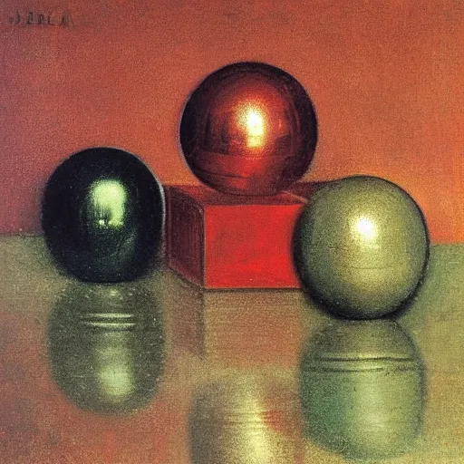 Prompt: chrome spheres on a red cube by arnold bocklin