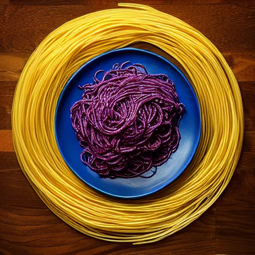 Prompt: spaghetti [ made with [ blueberry noodles ]!! ], trending on unsplash, [ 4 k photorealism ]!!, professional photography, [ overhead view ]!, shot by jimmy nelson
