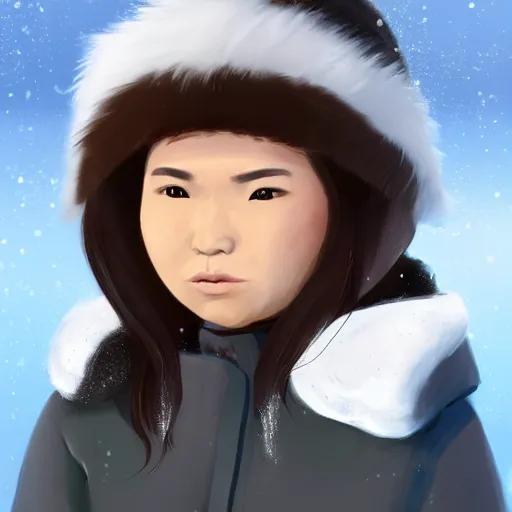 Prompt: a young inuit woman with chubby cheeks. she's wearing a winter coat and has a pet dog standing beside her. artstation, character concept, sharp focus