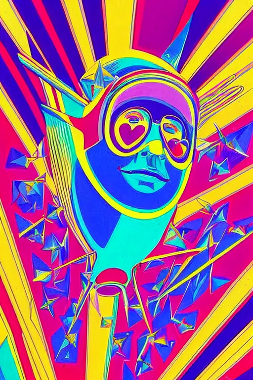 Prompt: very detailed vibrant symmetric!! 6 0 s artwork by peter max and bob masse of people flying admist huge crystal shards in space, hd, psychedelic