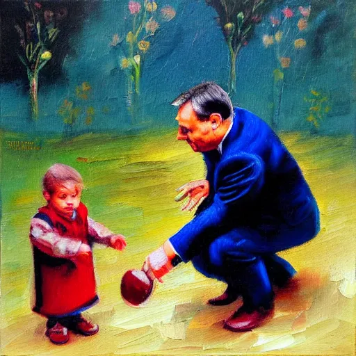 Image similar to viktor orban playing with a small child, oil painting