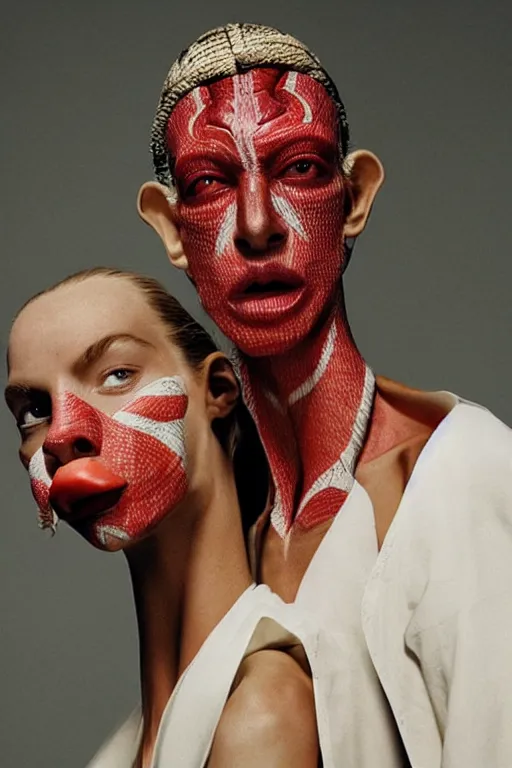 Prompt: margiela campaign featuring jar jar binks as a female cowgirl, long eyeslashes, big juicy lips, big seductive eyes