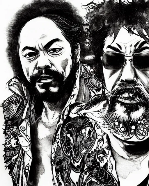 Image similar to portrait of cheech and chong, concept art, sumi - e style, intricate linework, artstation, trending, highly detailed, smooth, focus, art by yoji shinkawa,