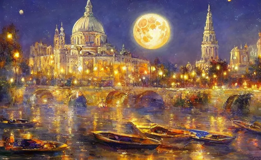 Prompt: Beautiful alchemy cityscpae, the moon is in the sky. By Konstantin Razumov, highly detailded