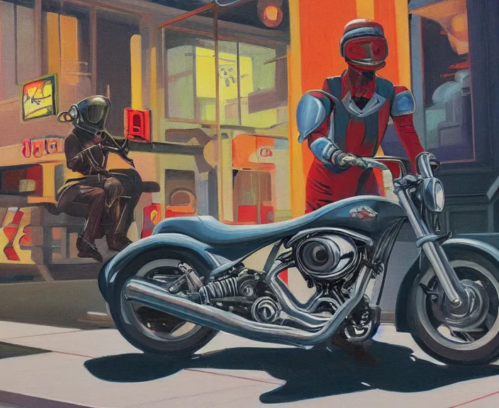 Image similar to a very detailed painting of a alien wearing a suit, riding a motorbike down a street, harley davidson motorbike, worm's - eye view, very fine brush strokes, very aesthetic, very futuristic, in the style of edward hopper and grant wood and syd mead, 4 k,