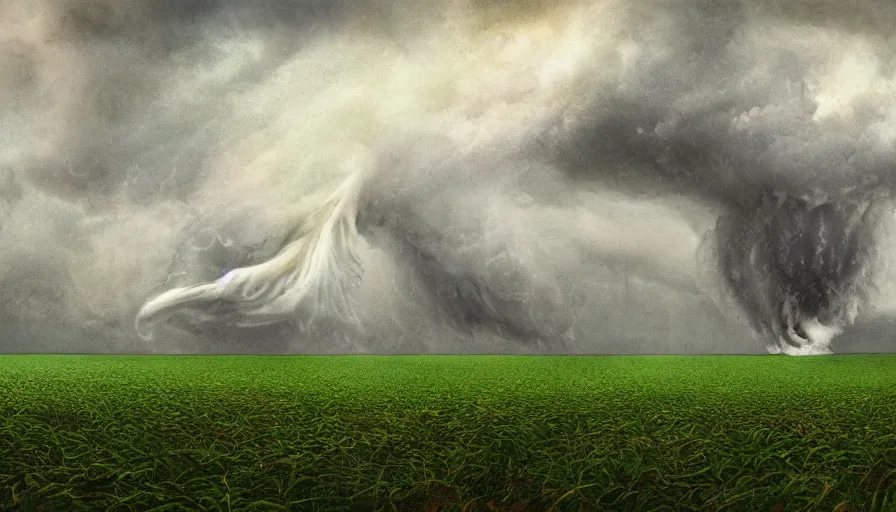 Prompt: a tornado rips through a farm field, digital art, highly detailed, realistic, bright colors, 8 k