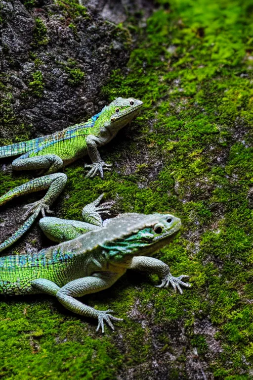 Prompt: a macro photo of a lizard on a moss covered rock, shiny scales, moss and vegetation, ancient forest, close - up, intricate details, intricately detailed textures, warm lighting, vivid colors, smoke and mist, hyper realistic octane render, volumetric shading, depth of field, raytracing, 8 k,