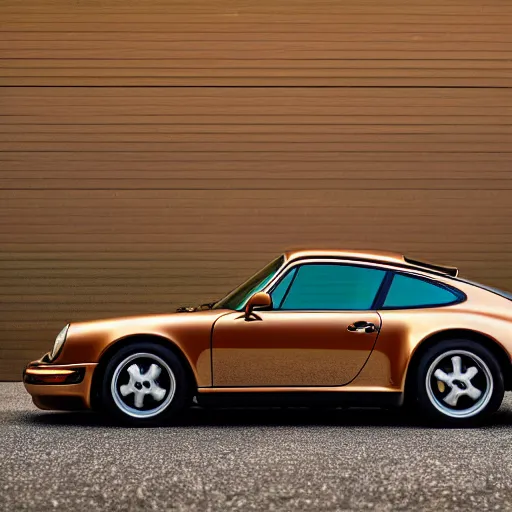 Image similar to Photo of a copper yellow Porsche 911 Carrera 3.2, daylight, dramatic lighting, award winning, highly detailed, fine art photography - 768