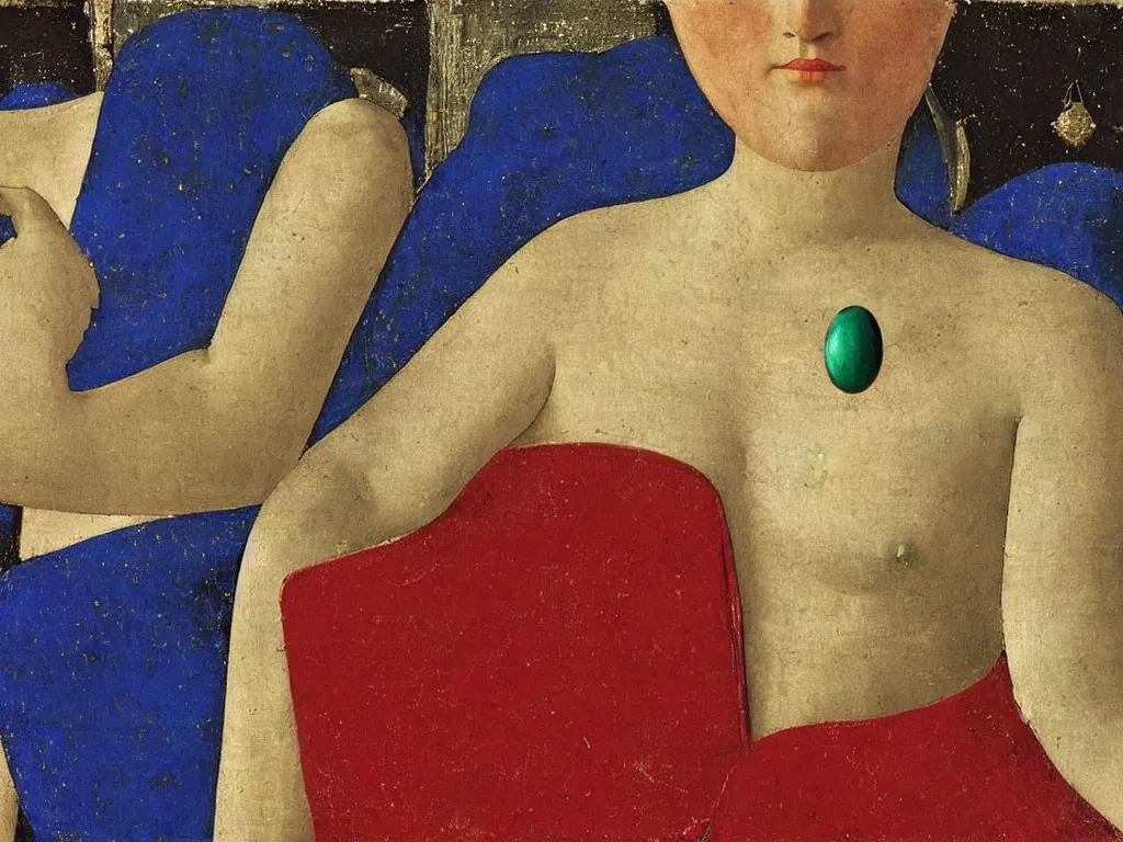Image similar to close up of a chest of a woman in dress. lapis lazuli, malachite, cinnabar, gold. painting by piero della francesca, balthus, agnes pelton