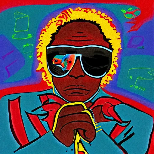 Image similar to miles davis in the style of daniel johnston, 4k