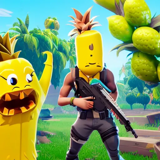 Image similar to anthropomorphic pineapple playing the video game fortnite, the pineapple is filled with beans