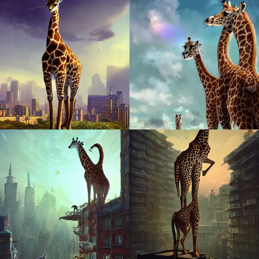 Prompt: a cat as giraffe standing on the rooftop, big giraffe, fantasy, illustration, intricate, epic lighting, cinematic composition, hyper realistic, 8 k resolution, by artgerm, tooth wu, dan mumford, beeple, wlop, rossdraws, james jean, andrei riabovitchev, marc simonetti, yoshitaka amano, artstation