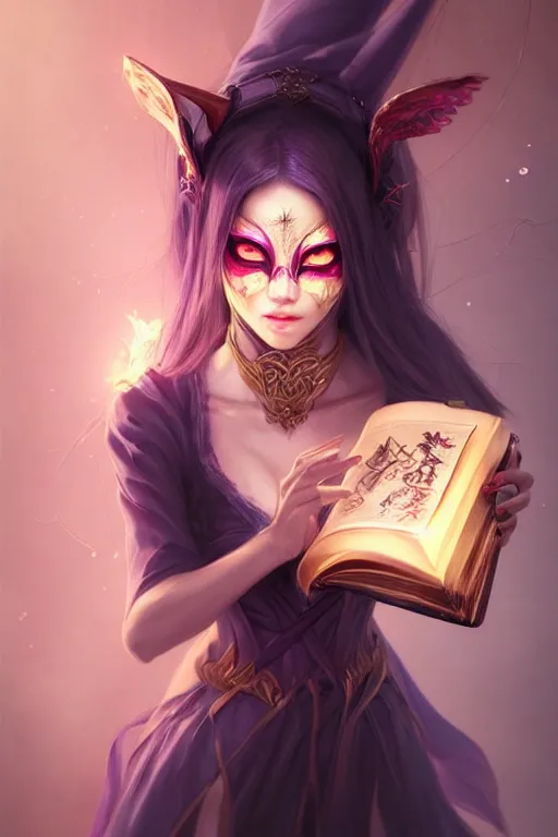 Image similar to gorgeous!!! hyper - realstic sorceress with a kitsune mask, holding a tattered magical book, casting a spell | drawn by wlop, drawn by jeehyung lee, drawn by artgerm | intricate, highly detailed, digital painting, character design, concept art, illustration, artstation