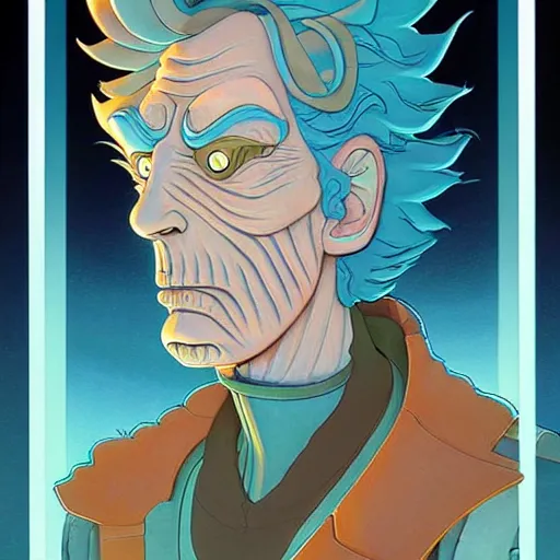 Image similar to 1 0 7 7 bender futuristic rick sanchez futurama portrait by charles vess and james jean and erik jones and rhads, inspired by ghost in the shell, beautiful fine face features, intricate high details, sharp, ultradetailed