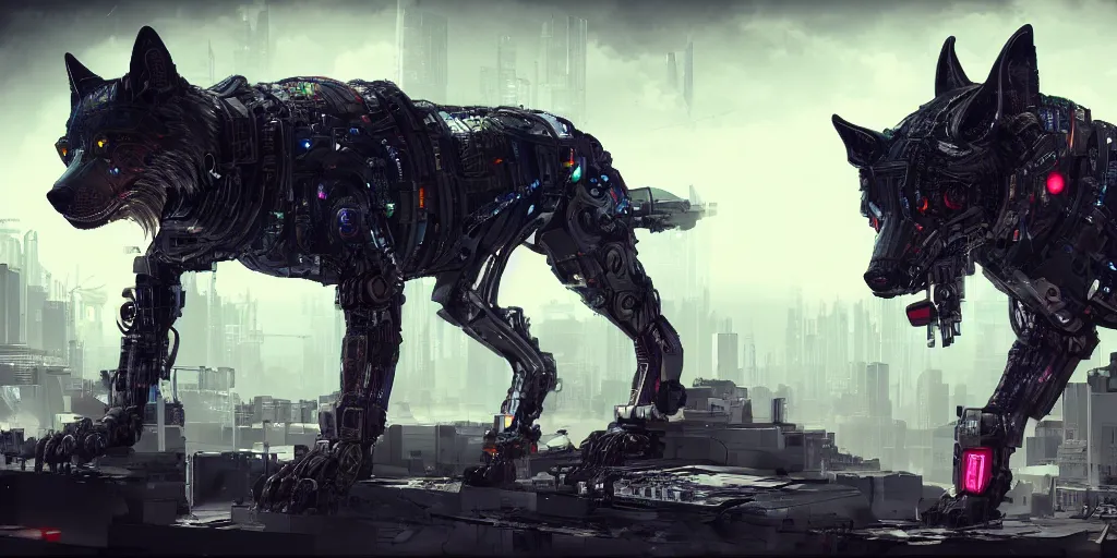Image similar to Cyborg wolf with cyberpunk background, high detailed, octane, cinematic, 8k?