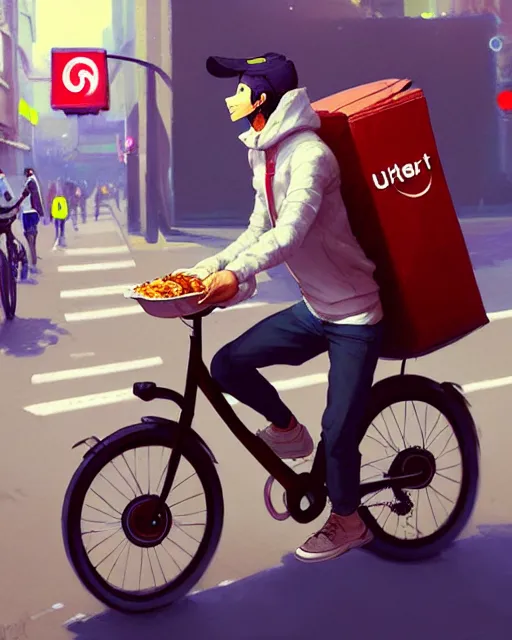 Image similar to a ultradetailed painting of a uber eats food delivery guy on a bicycle, greg rutkowski and makoto shinkai trending on artstation