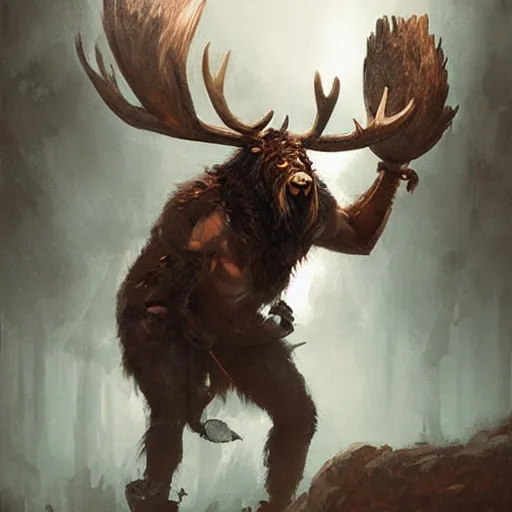 Image similar to hairy barbarian wearing moose head by greg rutkowski