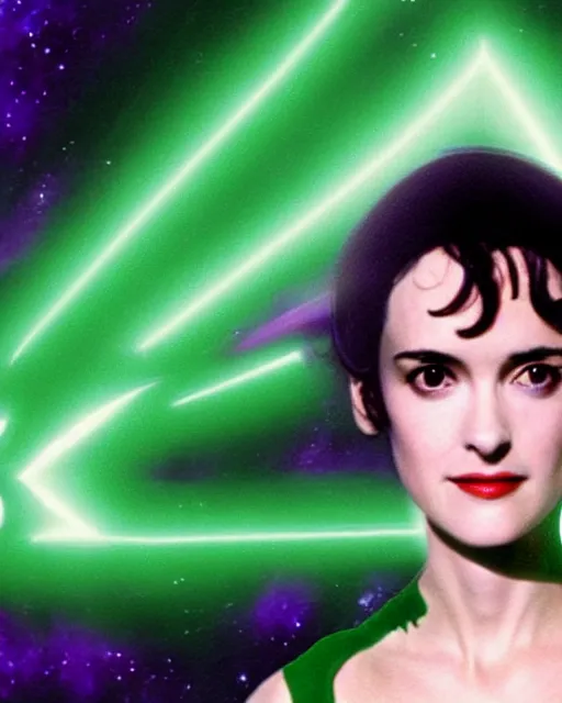 Prompt: photos of beautiful young actress Winona Ryder as a real life soranik natu soaring thru outer space as a Green Lantern, young Winona Ryder, photogenic, purple skin, short black pixie like hair, photography, studio lighting, cinematic