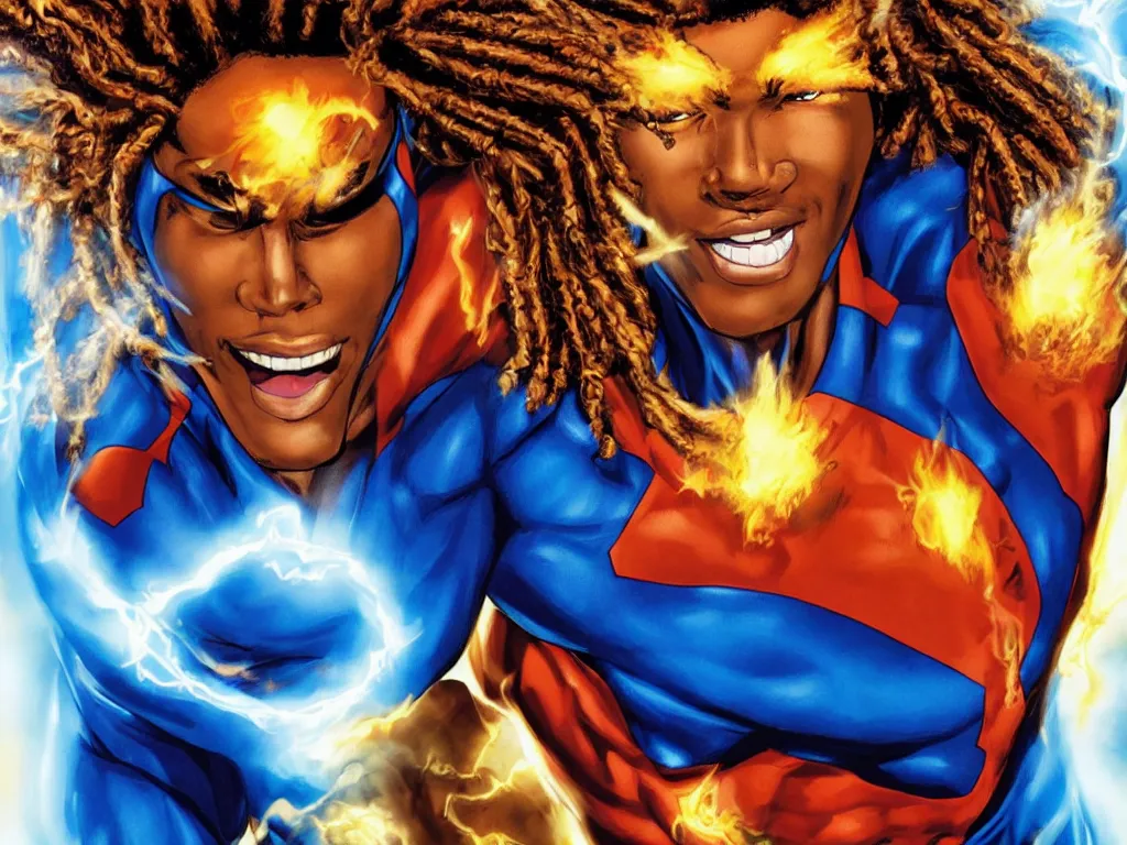 Image similar to African American Johnny Storm young male superhero of the fantastic four with flaming brown dreadlocks hair, blue uniform with the number 4 on the chest in a round logo, cinematic, high detail, no imperfections, extreme realism, high detail, extremely symmetric facial features, hyper realistic, dramatic lighting, unreal engine, by Stephen Spielberg