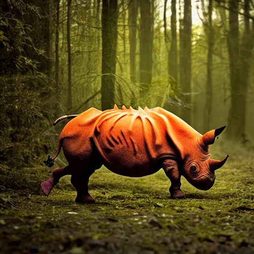 Prompt: a orange one horned rhino in a forest PROMPT, XF IQ4, 150MP, 50mm, f/1.4, ISO 200, 1/160s, natural light, Adobe Photoshop, Adobe Lightroom, DxO Photolab, Corel PaintShop Pro, rule of thirds, symmetrical balance, depth layering, polarizing filter, Sense of Depth, AI enhanced