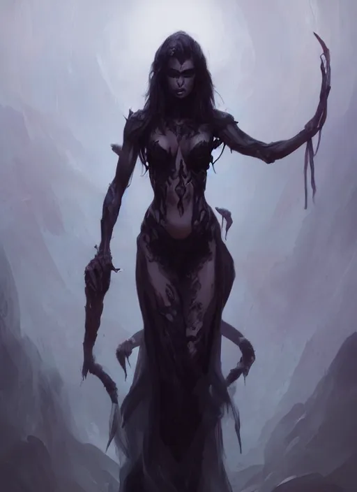 Prompt: a beautiful fullbody painting of a dark death goddess, by Greg rutkowski and artgerm, trending on artstation