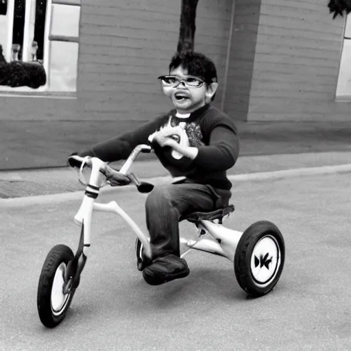 Prompt: dwayne johnson as a small frail boy with geeky glasses riding a tricycle