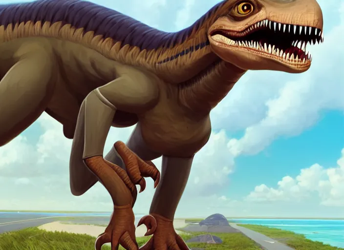 Prompt: character portrait feature of the anthro male anthropomorphic velociraptor dino fursona wearing airline pilot outfit uniform professional pilot character design stylized by charlie bowater, ross tran, artgerm, and makoto shinkai, detailed, soft lighting, rendered in octane, maldives in background