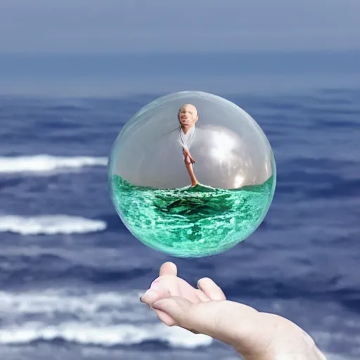 Image similar to a floating crystal ball full of lord voldemort. above an ocean view.