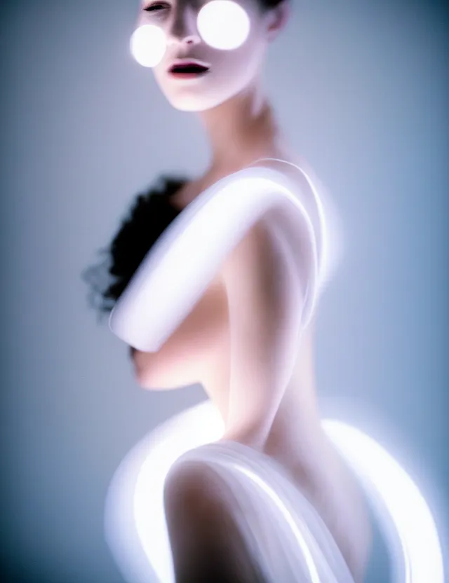 Image similar to kodak portra 4 0 0 photo portrait of a beautiful woman in style of paolo roversi, lightpainting motion blur, dress in white, elegant, soft coloured gel lighting, black background, highly detailed, sharp focus, ethereal, out worldly colours, emotionally evoking, head in focus, soft blur coloured gel light dreamy, volumetric lighting