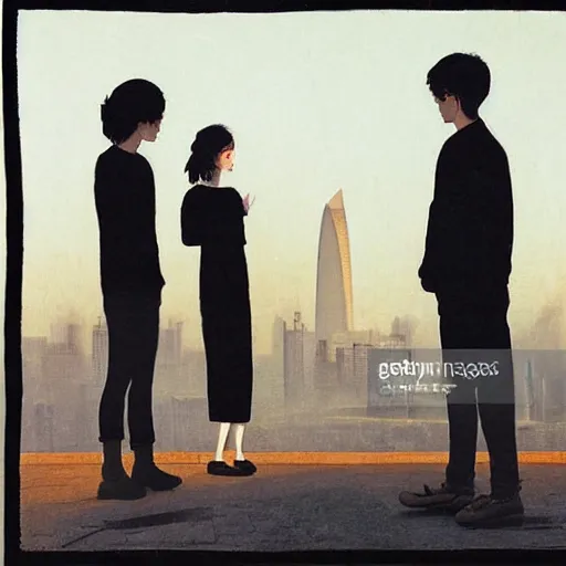 Prompt: a small rooftop with a couple of modern teenagers, standing and talking to each other, highly detailed, wearing black modern clothes, modern shanghai bund is on the background, dust, sunset, by gregory crewdson, carlos schwabe