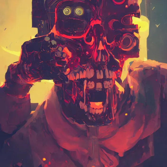 Image similar to a colorful comic noir illustration painting of a cyberpunk skull by sachin teng and sergey kolesov and ruan jia and pascal blanche. in style of digital art, symmetry, sci fi, hyper detailed. octane render. trending on artstation