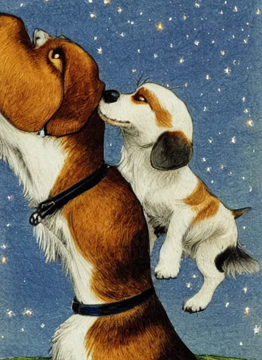 Image similar to portrait of jack russel dog looking up and howling with mouth open sad, night sky, highly detailed, side view, illustrated by peggy fortnum and beatrix potter and sir john tenniel