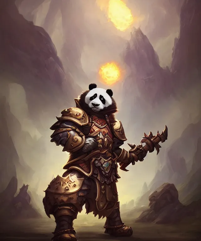 Image similar to a portrait an anthropomorphic panda paladin holding a doombringer, wearing paladin plate, landscape in background, dnd character art portrait, world of warcraft style, by peter mohrbacher, cinematic lighting