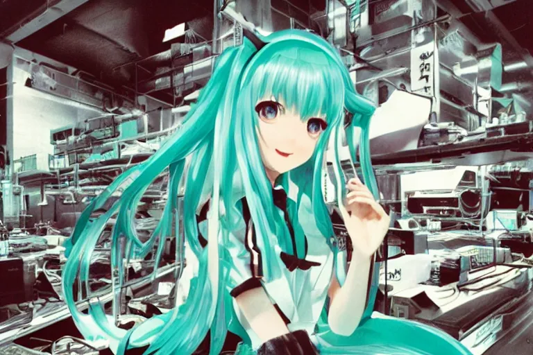 Prompt: hatsune miku gnu / linux desktop environment, romance novel cover, cookbook photo, in 1 9 9 5, y 2 k cybercore, industrial photography, still from a ridley scott movie