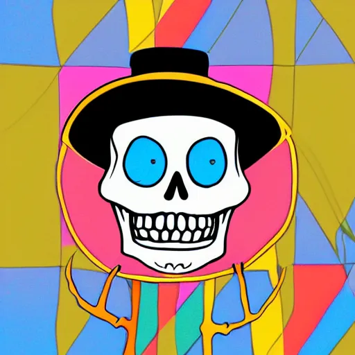 Image similar to cartoon skeleton in a tophat, colorful, pastel, sticker, cartoon, digital art, clean lines,