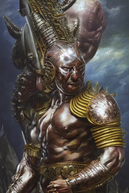 Image similar to a powerful and muscular make african warrior , half body portrait, ornate armour, realistic oil painting by Thomas Cole and Wayne Barlowe and Boris Valejo