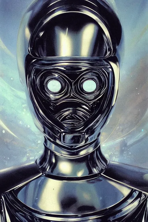 Image similar to retro-futuristic portrait of a beautiful female android in old scratchy chrome armour, wired head, blind eyes, white liquid dripping on it, ornate background, rim light, ornate pattern, glowing eyes, evil expression, high details, intricate details, renaissance painting by vincent di fate, artgerm julie bell beeple, 80s, Smooth gradients, High contrast, depth of field, very coherent symmetrical artwork